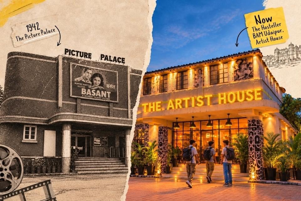 Illustration split down the middle: the 1942 Picture Palace cinema on the left, and The Hosteller BAM Udaipur, Artist House lit up at dusk with three backpackers walking in on the right