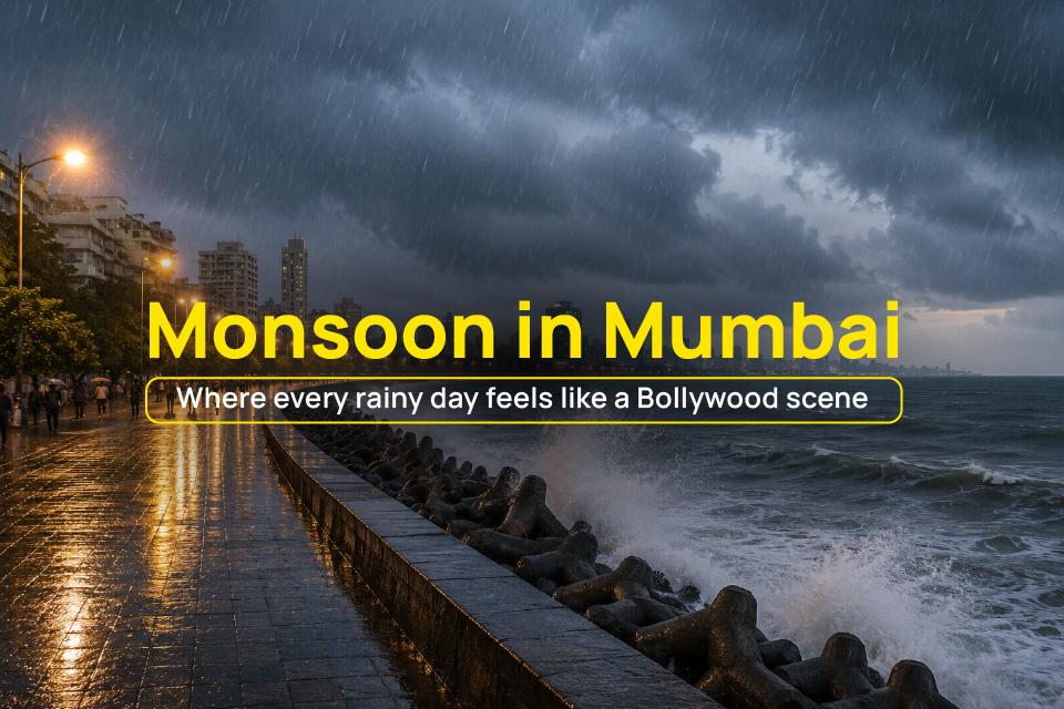 Marine Drive in monsoon with dramatic Arabian Sea waves and cloudy Mumbai skyline