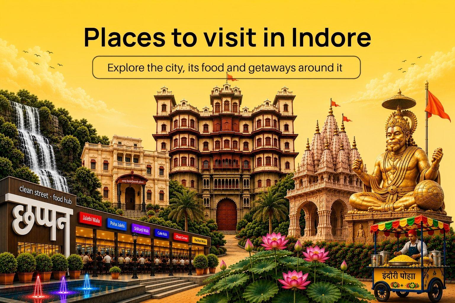 Places to visit in Indore featuring Rajwada Palace, temples, waterfalls, local shopping, street food and cultural attractions